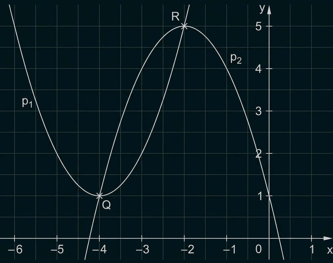 Koordinatensystem mit zwei Parabeln p₁ und p₂, die sich in Q(-4|1) und R(-2|5) schneiden.